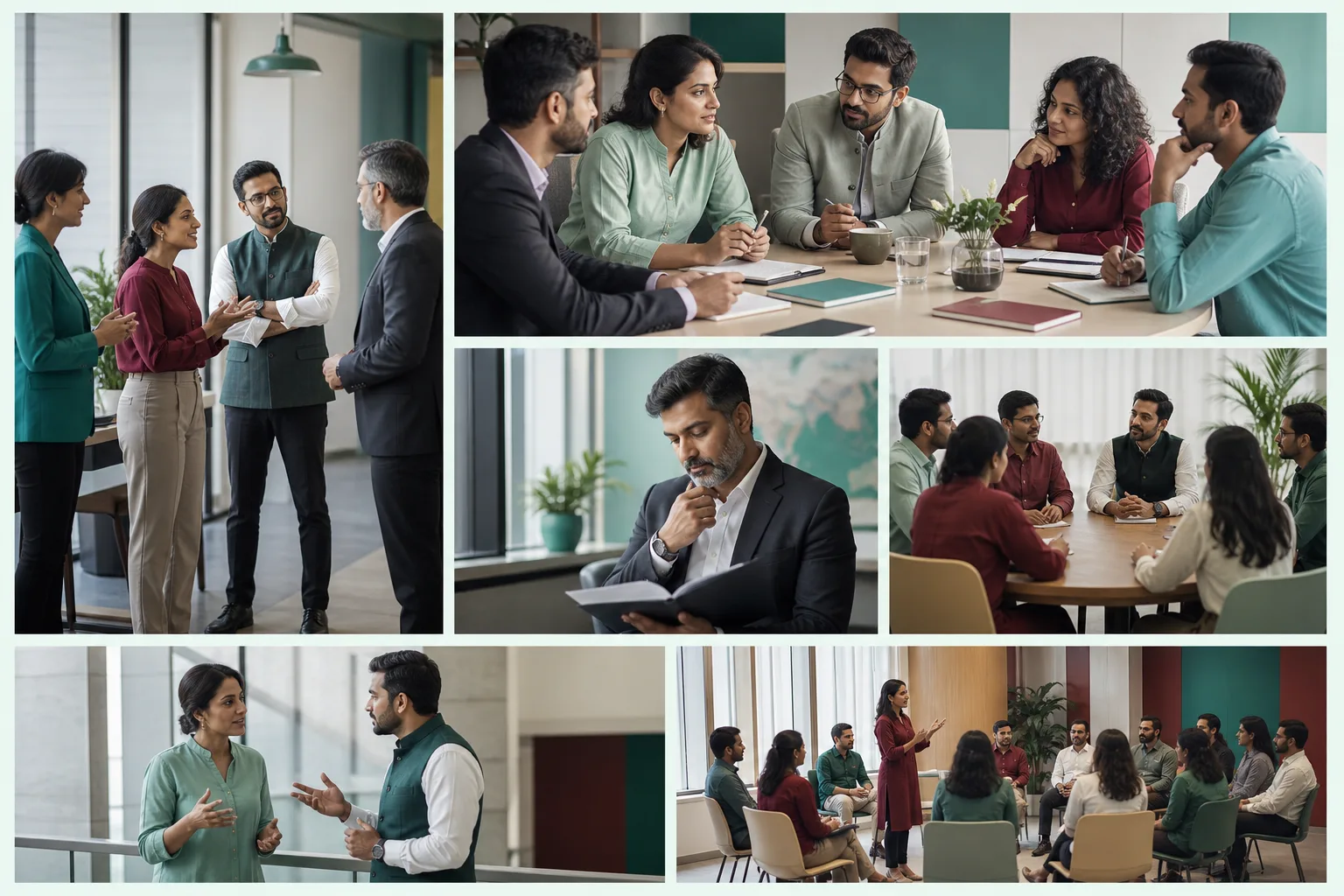 Close view of colleagues comparing notes across a meeting table